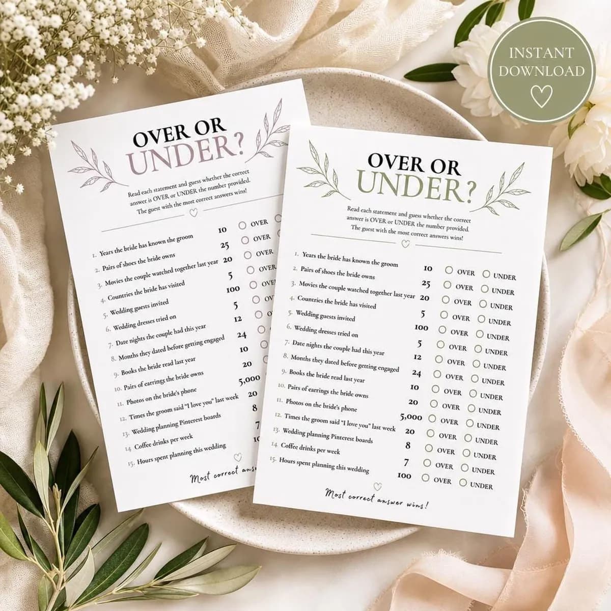 Bridal Shower Over Under Game