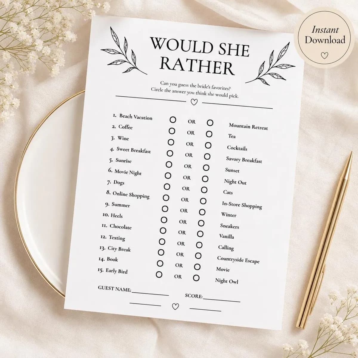Would She Rather Bridal Shower Game